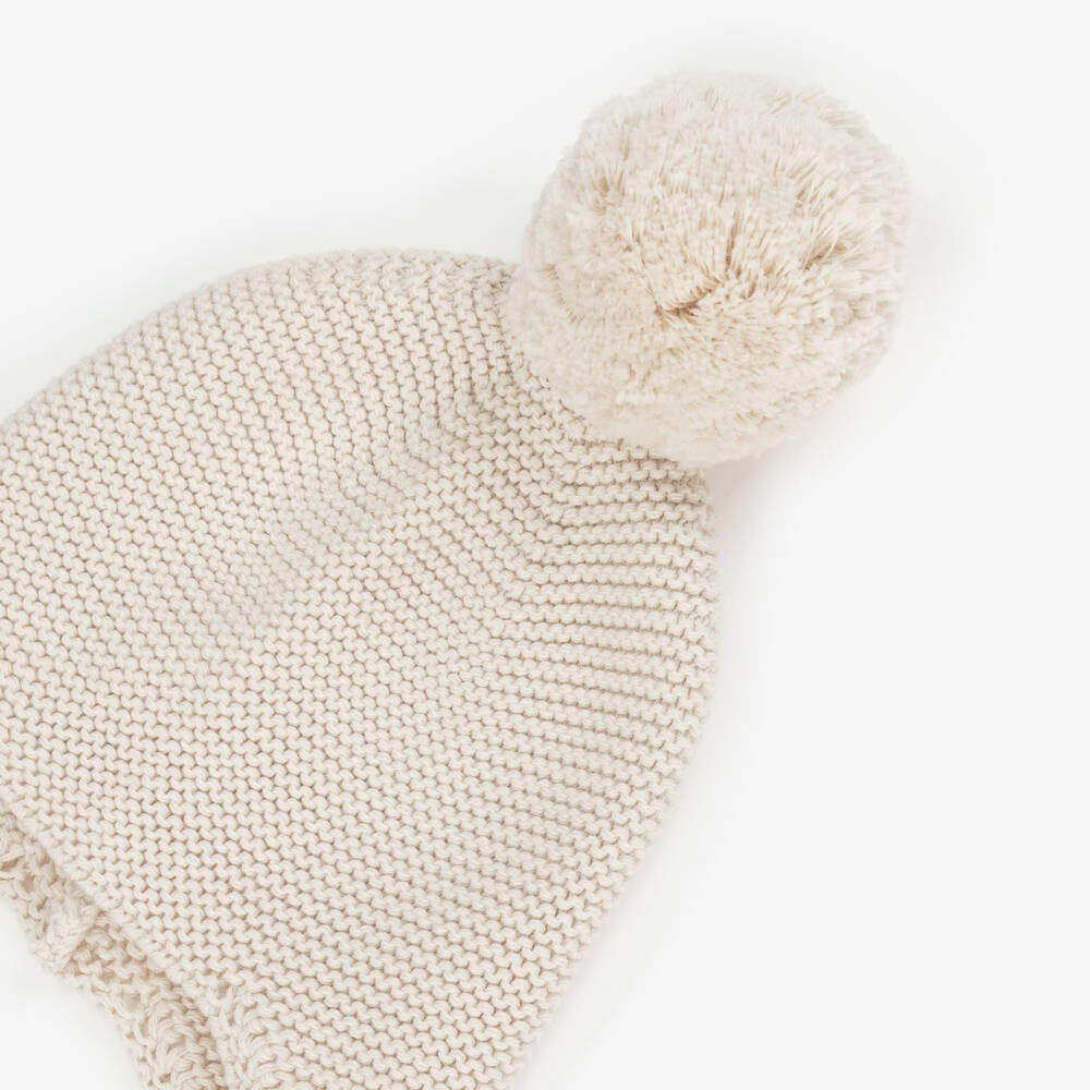 Emile et Rose-Pale Beige Knitted Cotton Pom-Pom Hat | Childrensalon Outlet