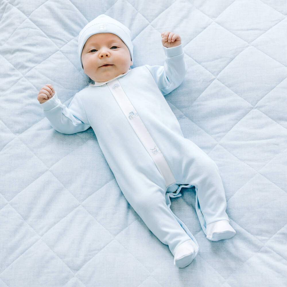 Emile et Rose-Pale Blue Cotton Jersey Babygrow Set with Toy Embroidery | Childrensalon Outlet