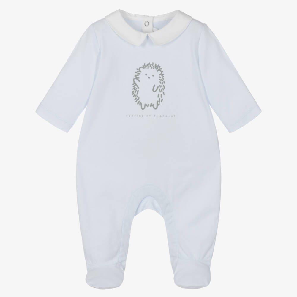 Tartine et Chocolat-Pale Blue Cotton Jersey Hedgehog Babygrow | Childrensalon Outlet