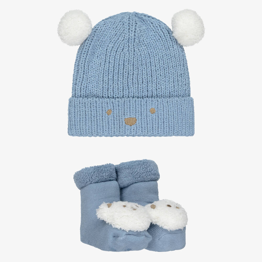 Mayoral Для новорожденных-Pale Blue Knitted Cotton Bear Baby Hat Set | Childrensalon Outlet