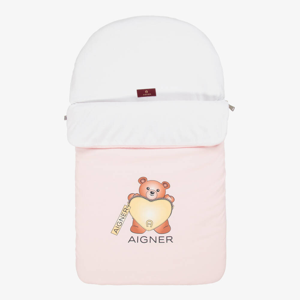 AIGNER-Pale Pink Pima Cotton Teddy Bear Baby Nest (74cm) | Childrensalon Outlet