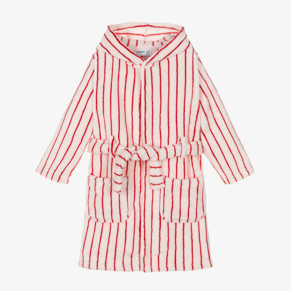 NAME IT-Pale Pink Plush Dressing Gown with Red Stripes | Childrensalon Outlet