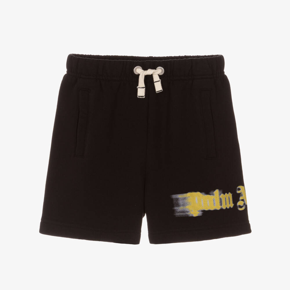 Palm Angels-Boys Black Cotton Shorts with Yellow Blurred Logo | Childrensalon Outlet