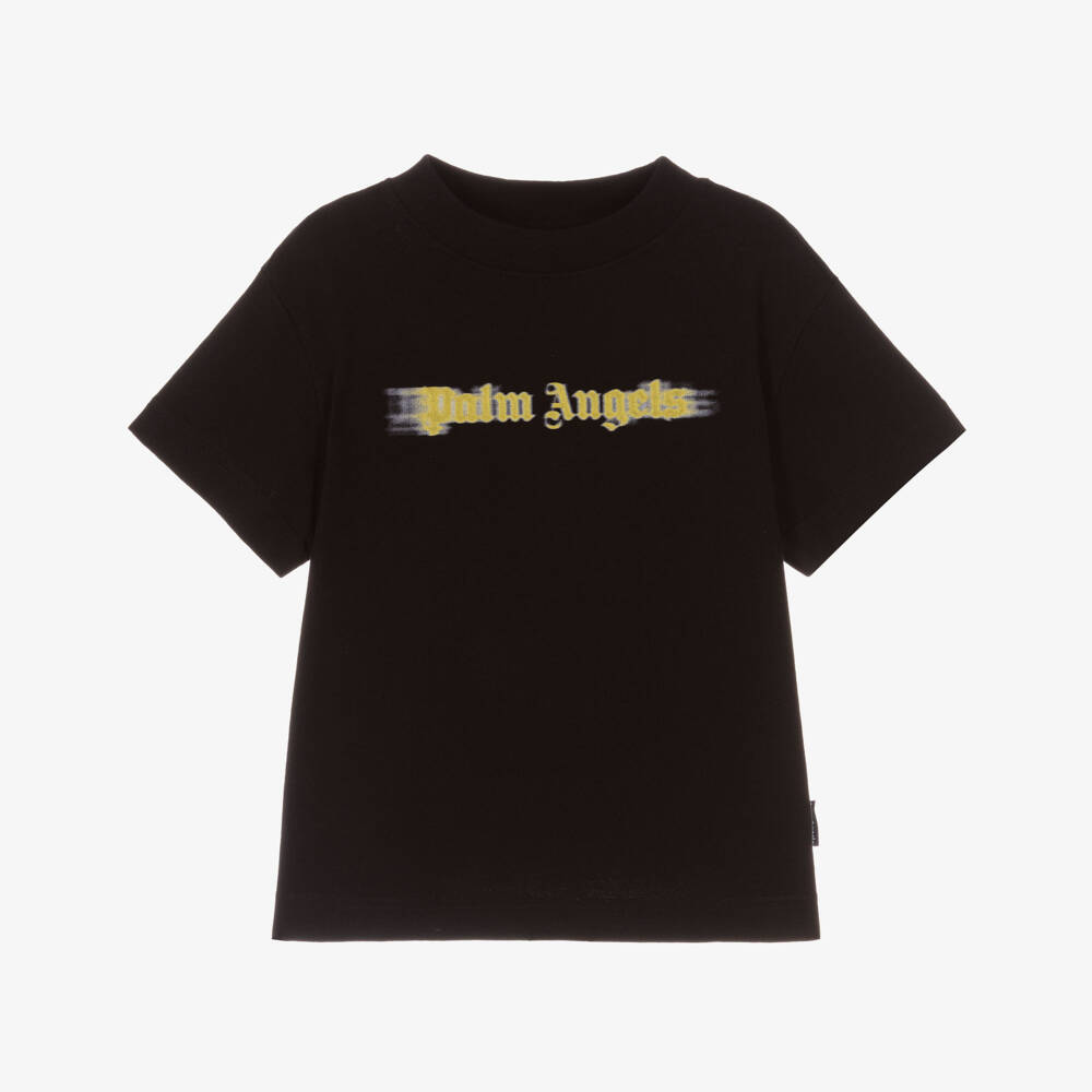 Palm Angels-Boys Black Cotton T-Shirt with Yellow Blurred Logo | Childrensalon Outlet