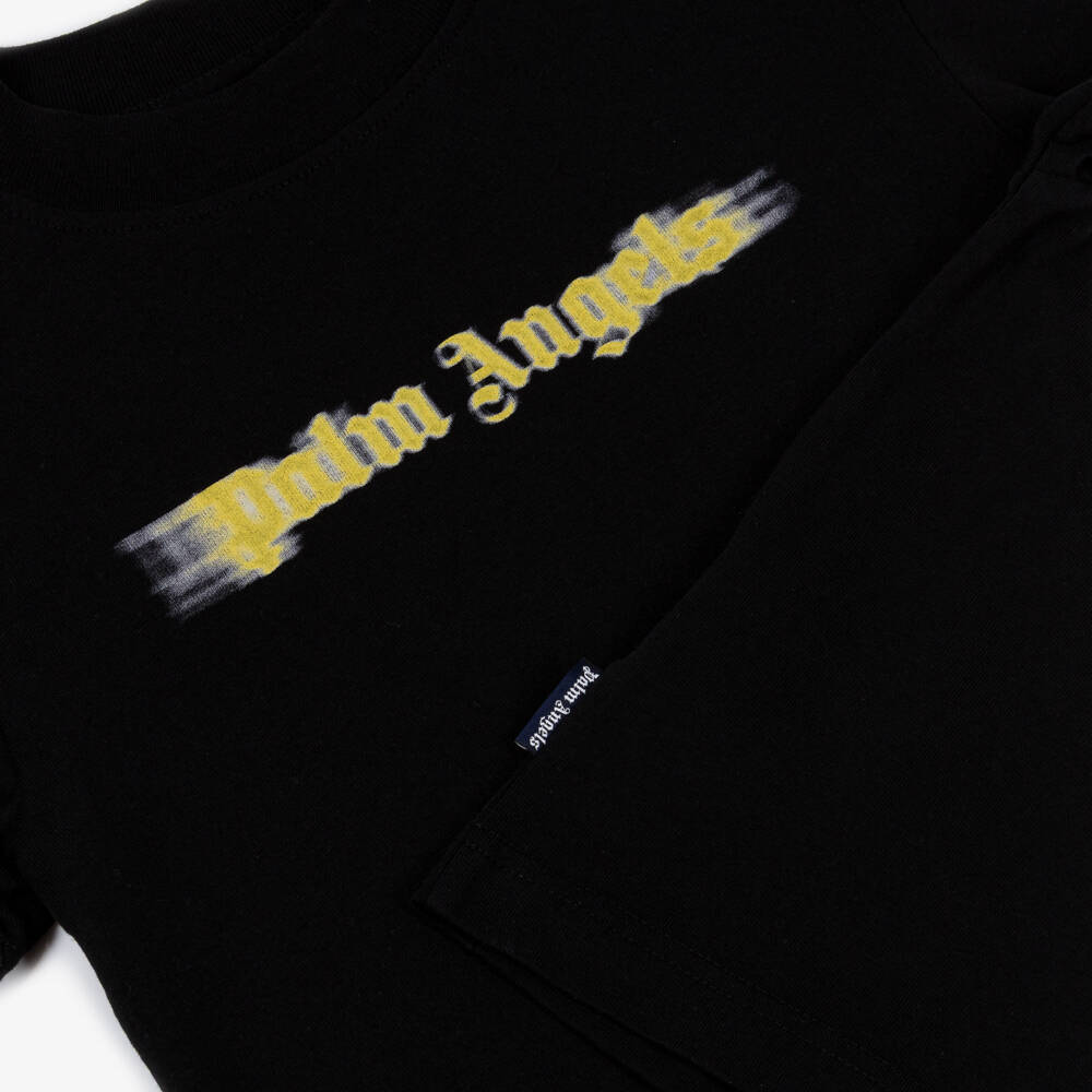 Palm Angels-Boys Black Cotton T-Shirt with Yellow Blurred Logo | Childrensalon Outlet