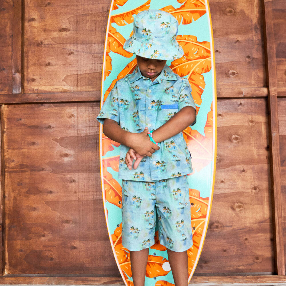 Palm Angels-Boys Blue Palm Tree & Logo Cotton Shirt | Childrensalon Outlet