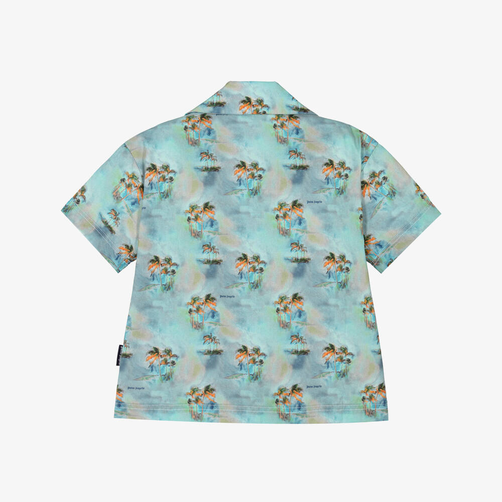 Palm Angels-Boys Blue Palm Tree & Logo Cotton Shirt | Childrensalon Outlet