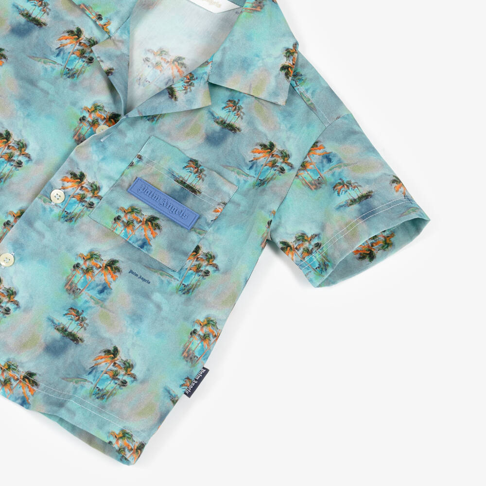 Palm Angels-Boys Blue Palm Tree & Logo Cotton Shirt | Childrensalon Outlet