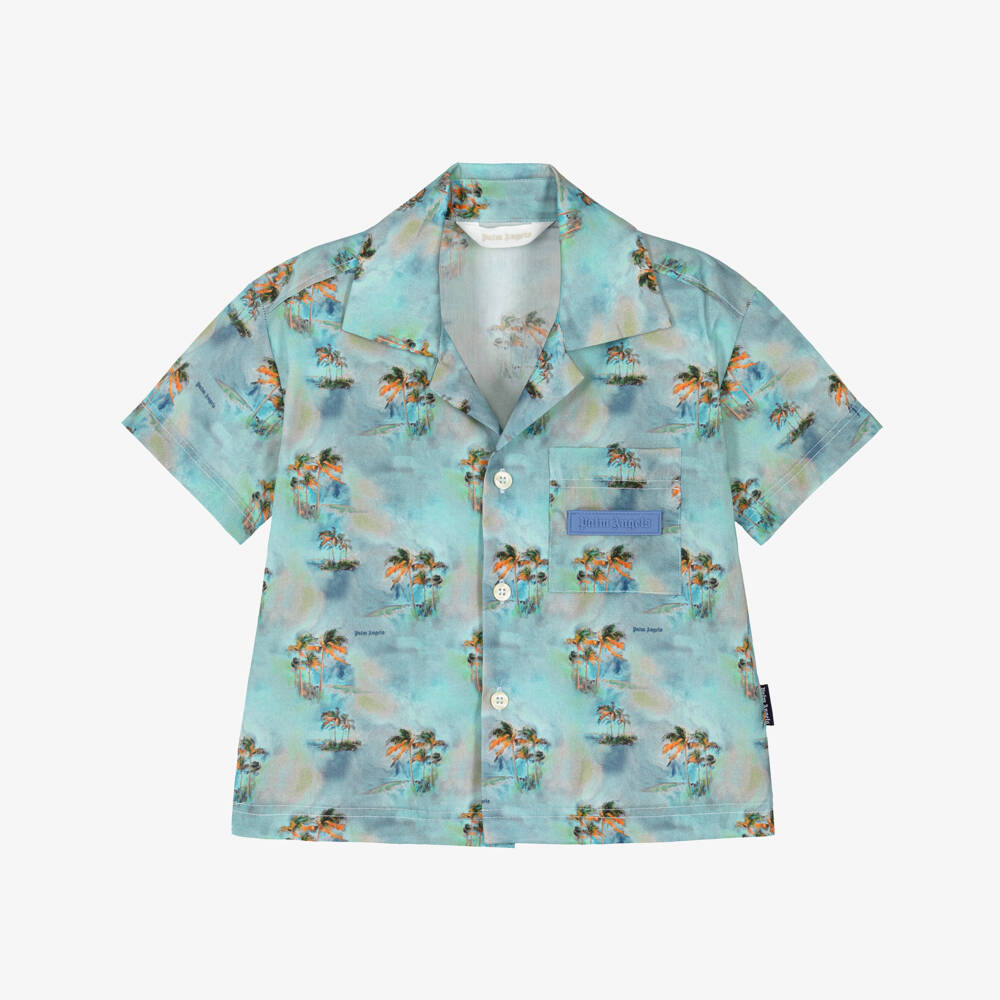 Palm Angels-Boys Blue Palm Tree & Logo Cotton Shirt | Childrensalon Outlet