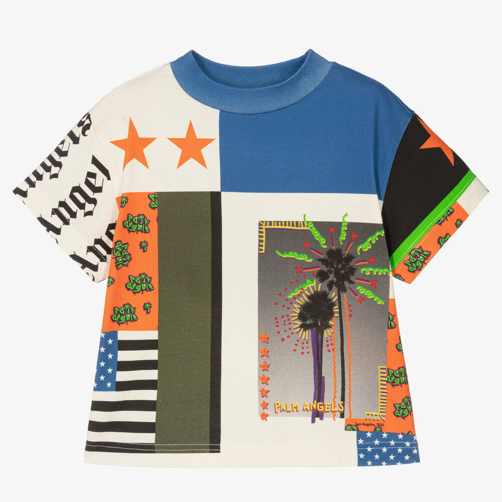 Palm Angels-Boys Ivory Patchwork Cotton T-Shirt | Childrensalon Outlet