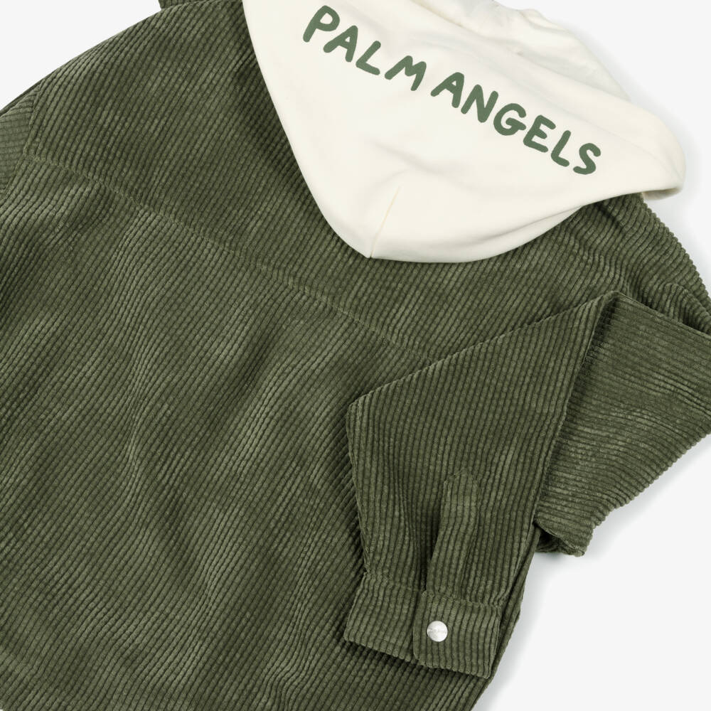 Palm Angels-Boys Khaki Corduroy Hooded Shirt | Childrensalon Outlet
