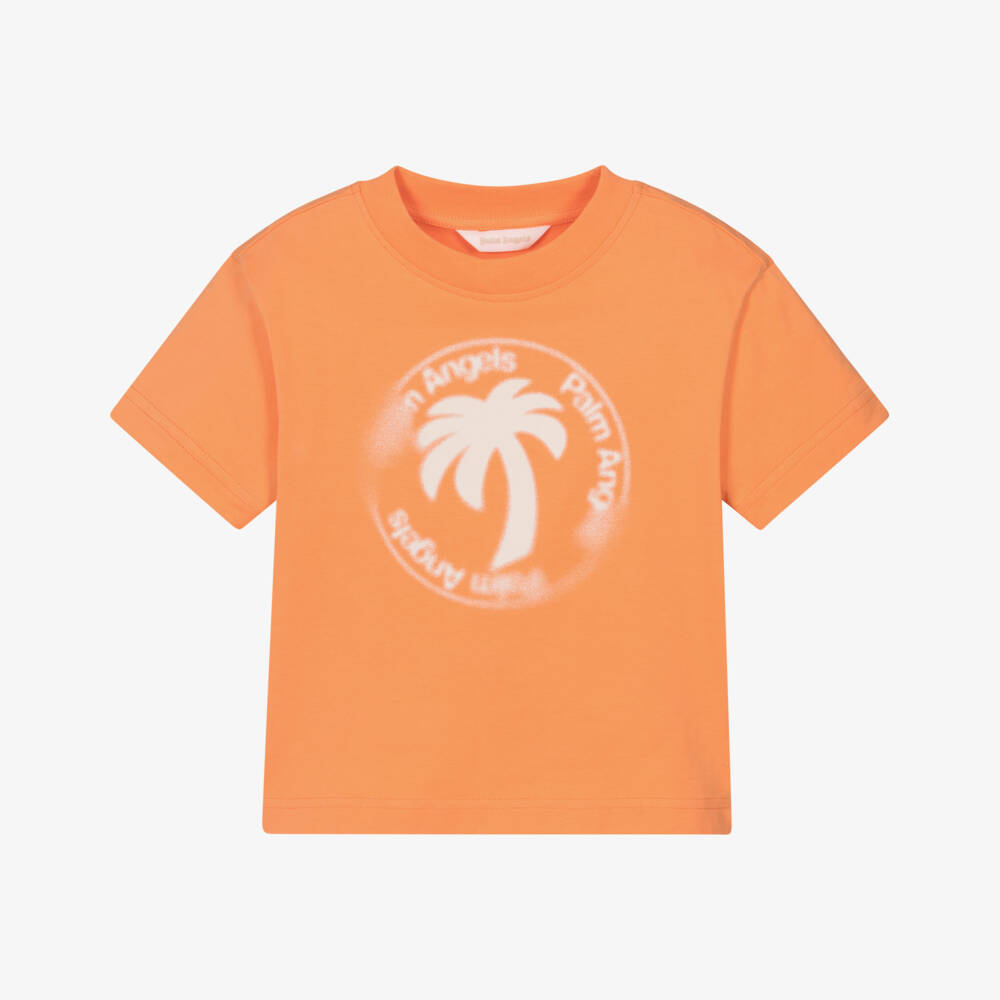 Palm Angels-Boys Orange Cotton T-Shirt with Blurred Palm Tree Logo | Childrensalon Outlet