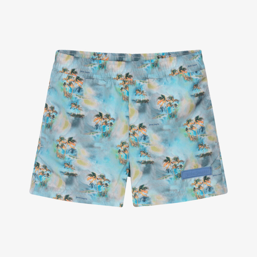Palm Angels-Boys Pale Blue Palm Tree Print Swim Shorts | Childrensalon Outlet