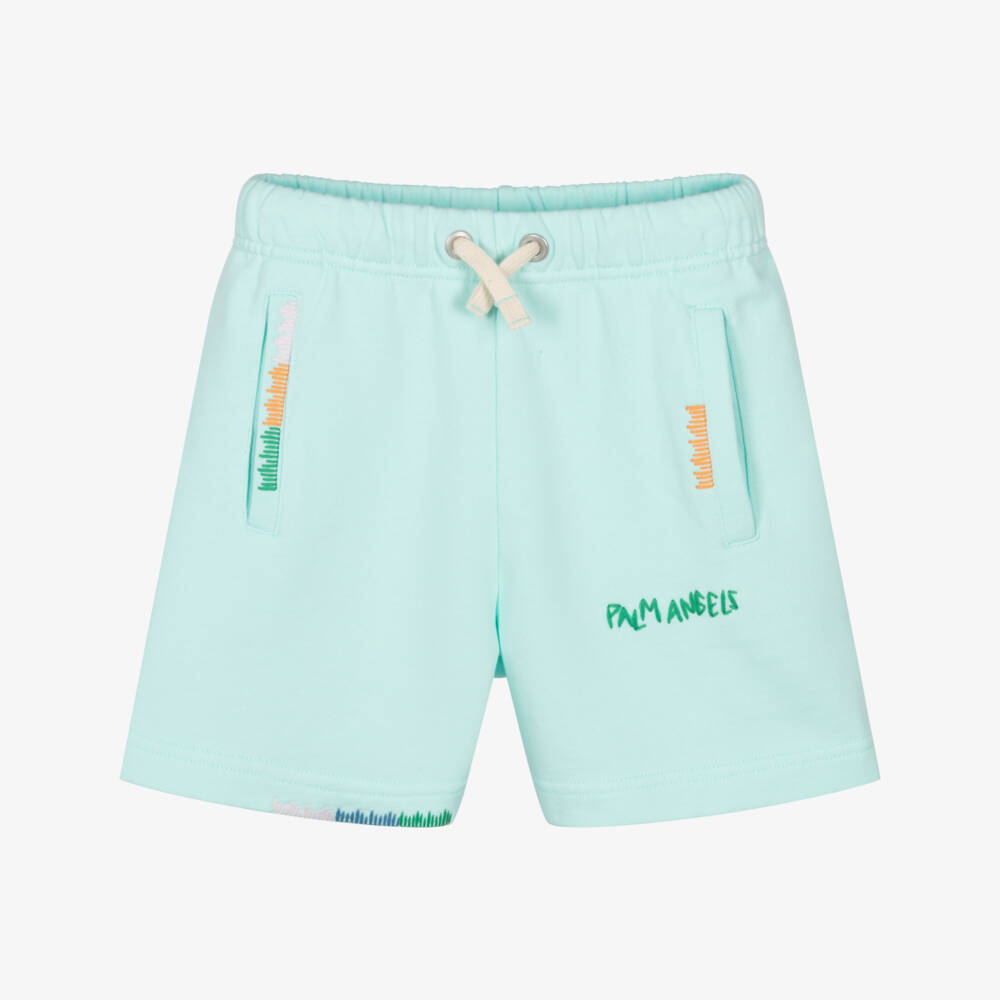 Palm Angels-Boys Turquoise Cotton Logo Shorts | Childrensalon Outlet