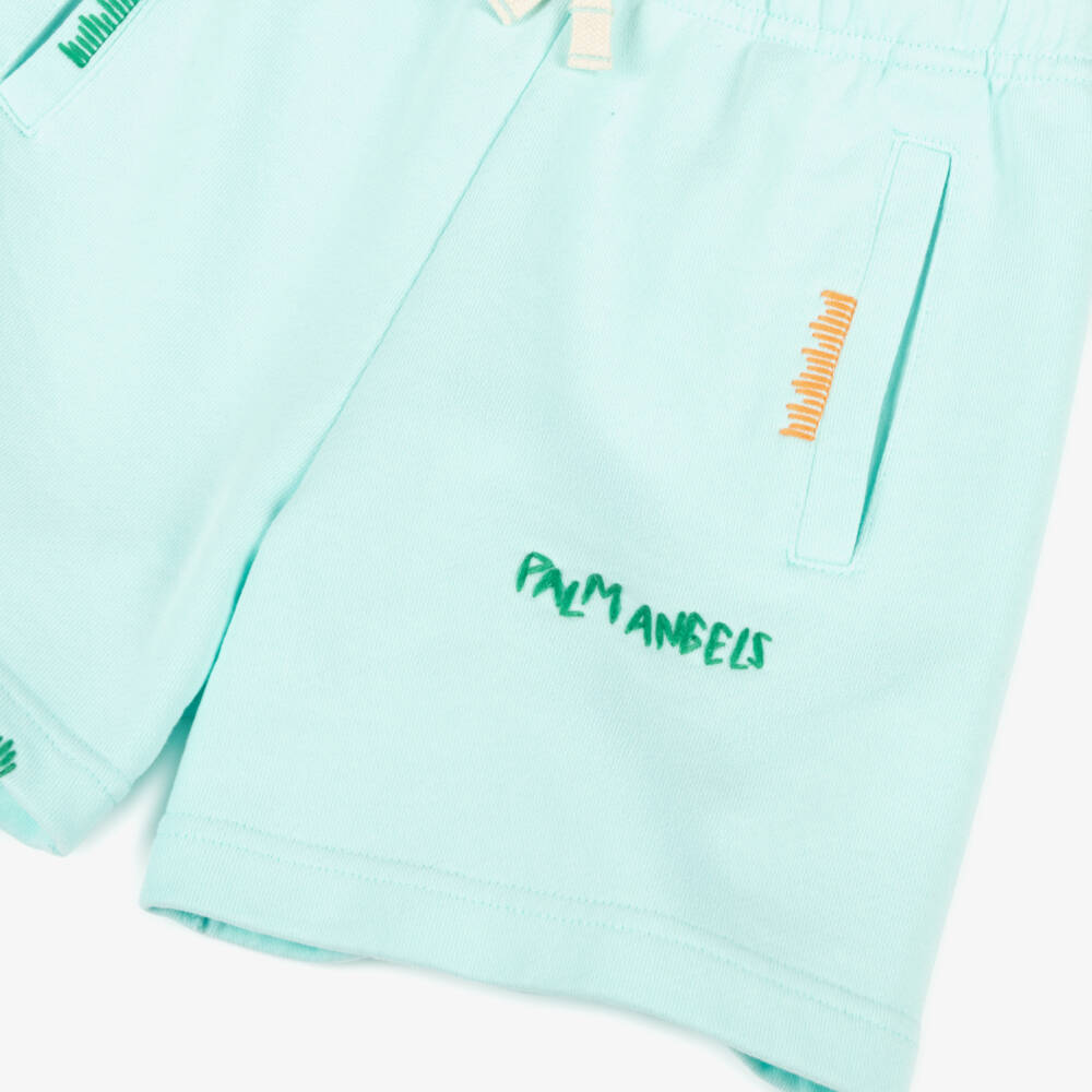 Palm Angels-Boys Turquoise Cotton Logo Shorts | Childrensalon Outlet