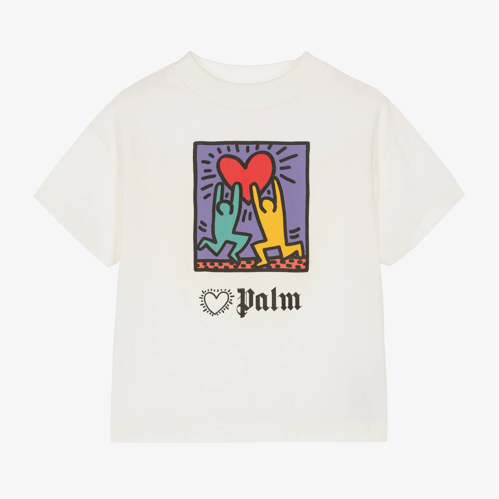 Palm Angels-Girls Ivory Cotton Keith Haring T-Shirt | Childrensalon Outlet
