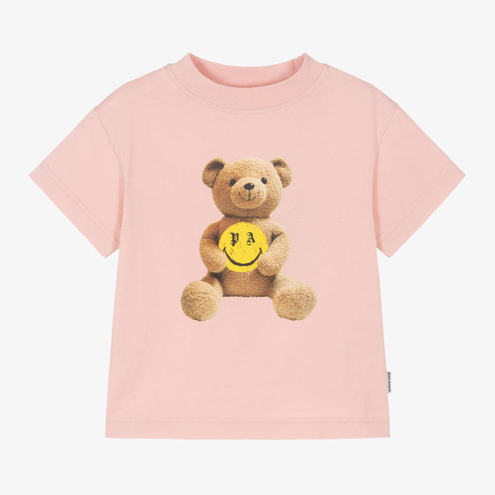 Palm Angels - Розовая хлопковая футболка с медвежонком и смайлом | Childrensalon