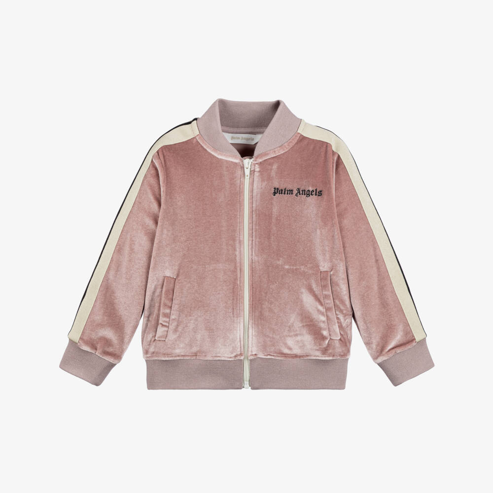 Palm Angels-Girls Pink Velour Zip-Up Logo Top with Side Stripes | Childrensalon Outlet
