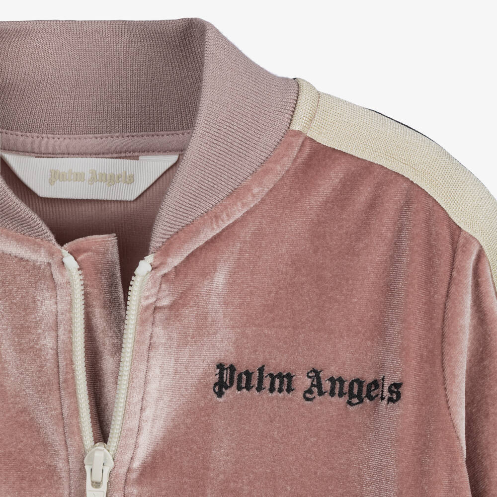 Palm Angels-Girls Pink Velour Zip-Up Logo Top with Side Stripes | Childrensalon Outlet