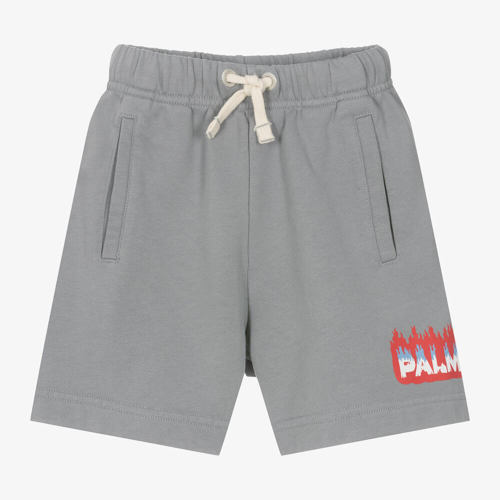 Palm Angels-Grey Organic Cotton Flame Print Shorts | Childrensalon Outlet