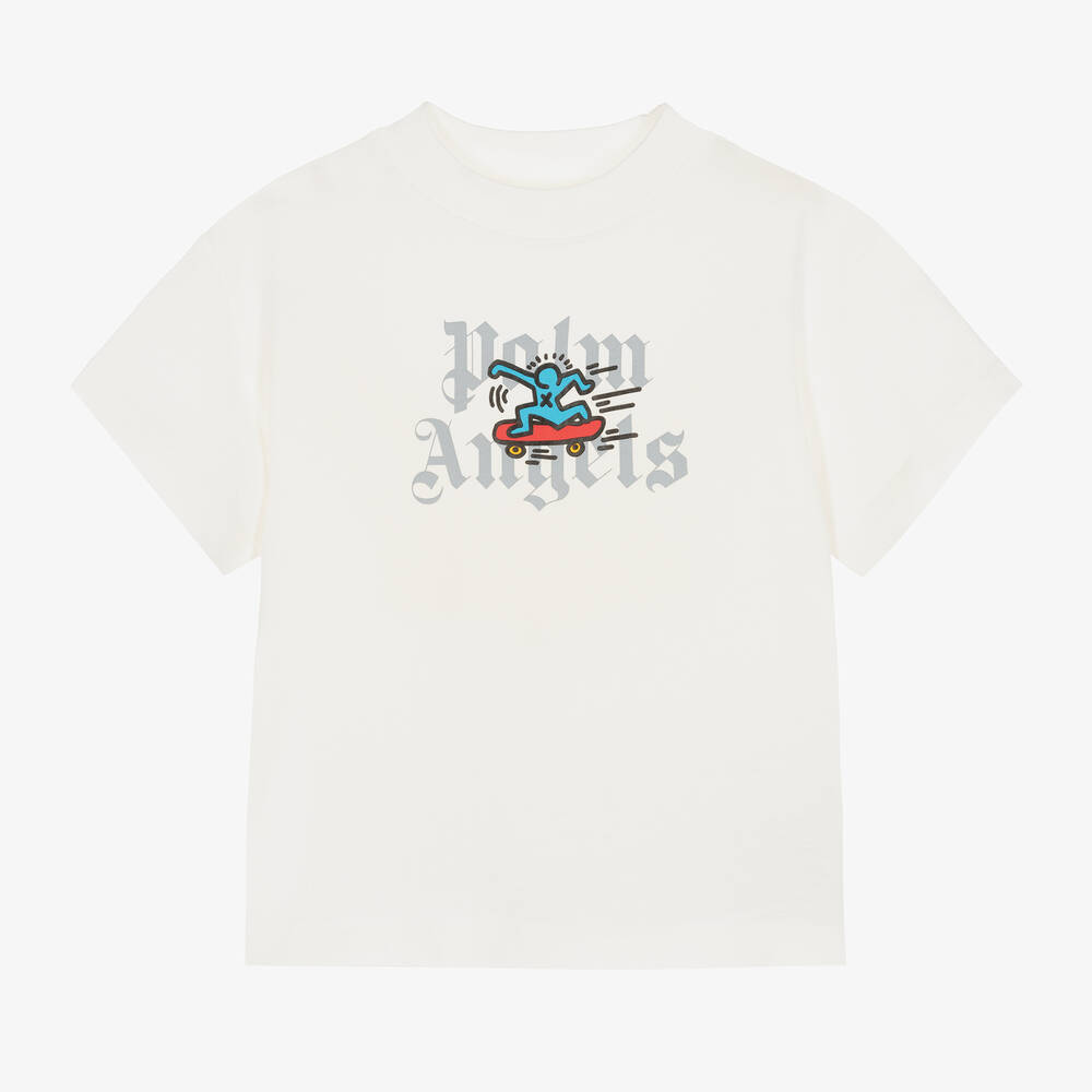 Palm Angels-Ivory Organic Cotton Keith Haring T-Shirt | Childrensalon Outlet