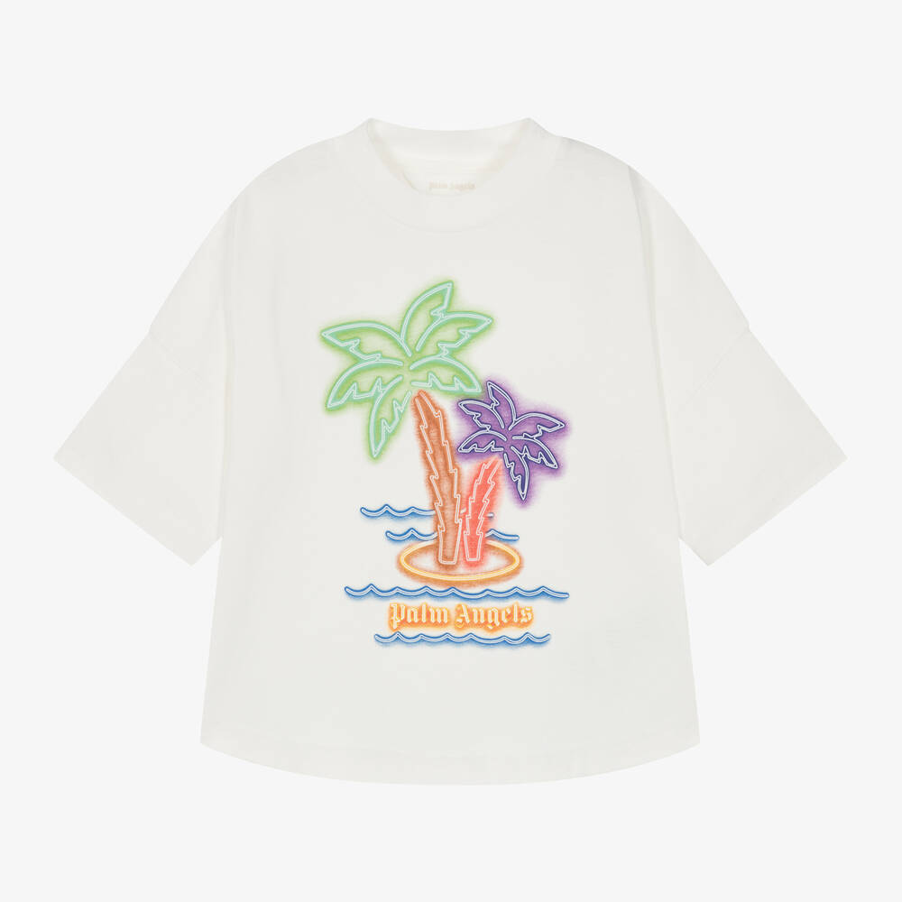 Palm Angels-Ivory Organic Cotton Palm Tree T-Shirt | Childrensalon Outlet