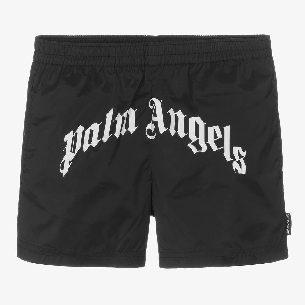Palm Angels - Teen Boys Black Curved Logo Swim Shorts | Childrensalon