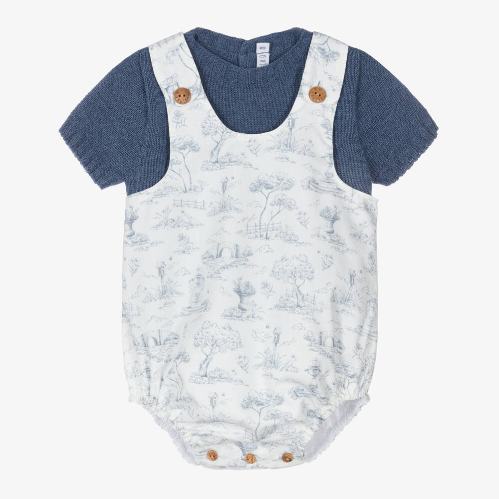 Paloma de la O-Baby Boys Blue & White Cotton Shortie Set | Childrensalon Outlet