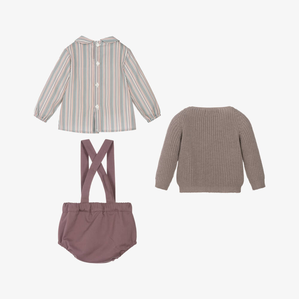 Paloma de la O-Baby Boys Brown Knit Cardigan & Purple Cotton Shorts Set | Childrensalon Outlet