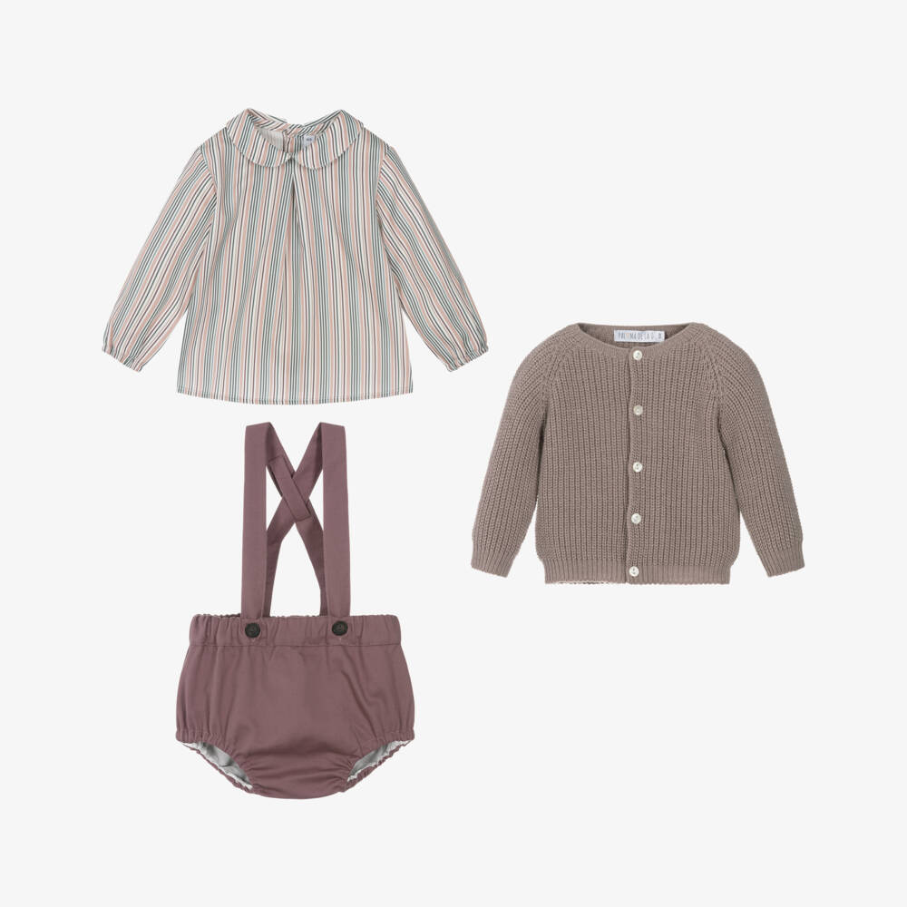 Paloma de la O-Baby Boys Brown Knit Cardigan & Purple Cotton Shorts Set | Childrensalon Outlet
