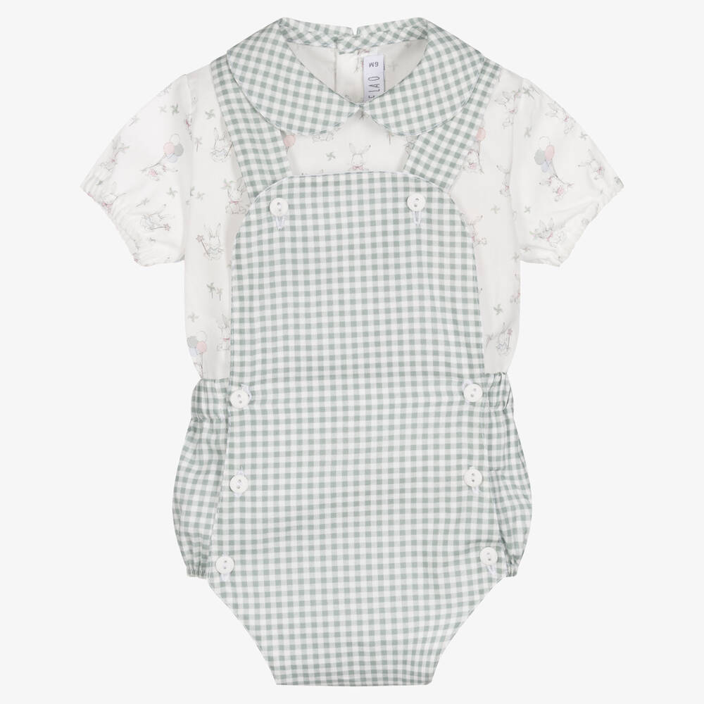 Paloma de la O - Baby Boys Green Cotton Dungaree Shorts Set | Childrensalon