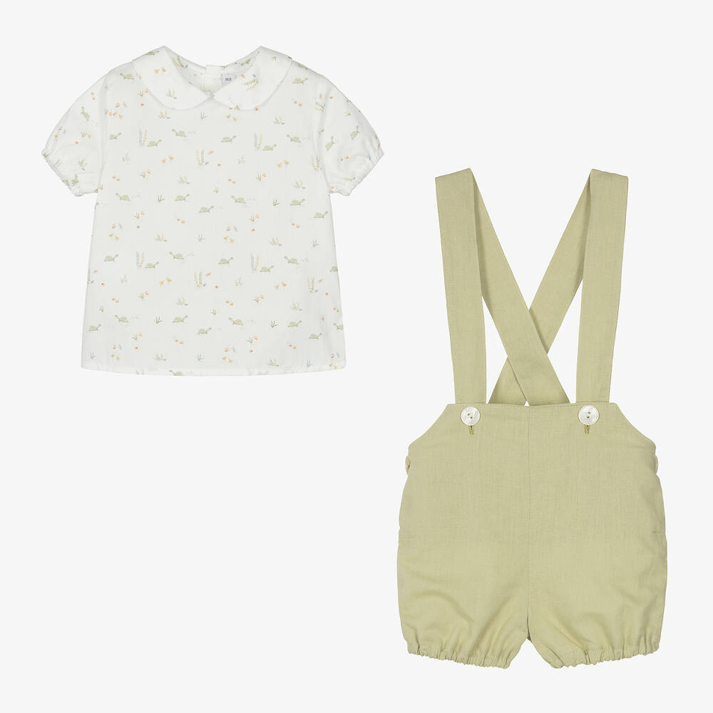 Paloma de la O-Baby Boys Green Turtle Print Dungaree Shorts Set | Childrensalon Outlet