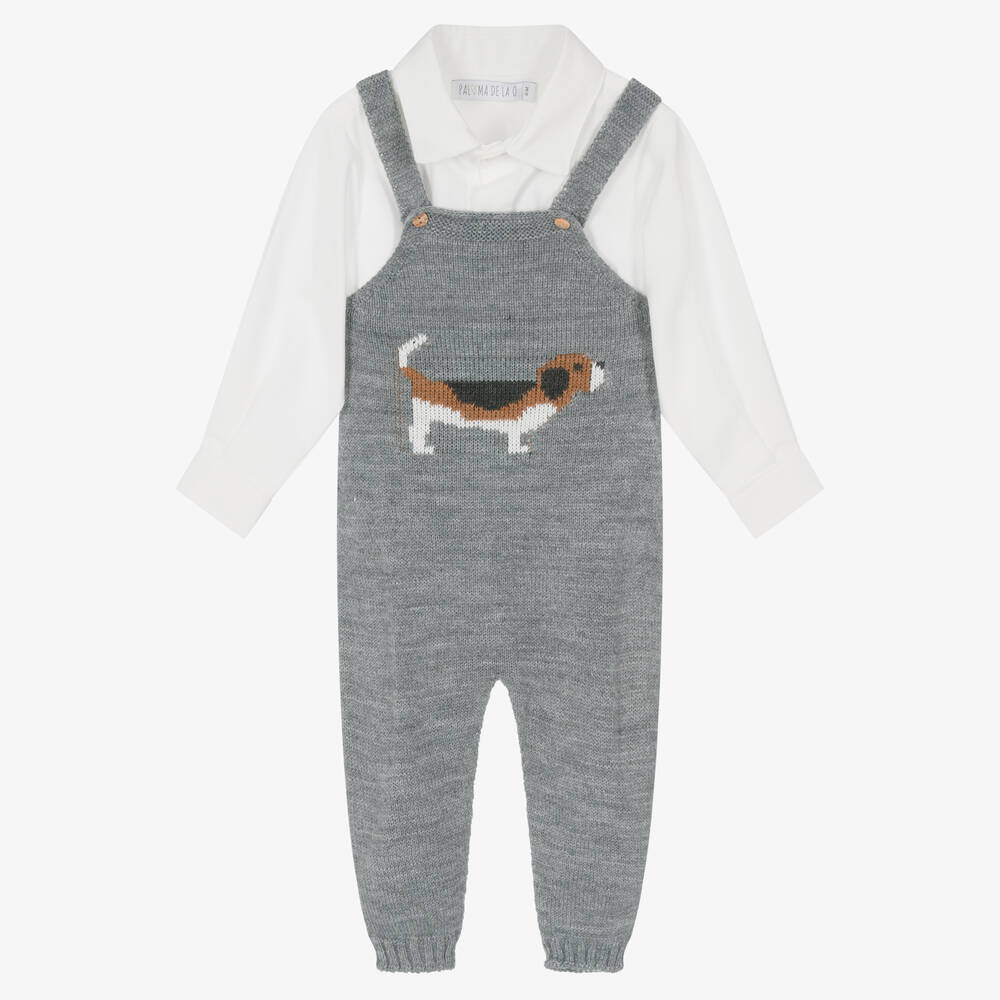 Paloma de la O - Baby Boys Ivory & Grey Knit Dungaree Set | Childrensalon