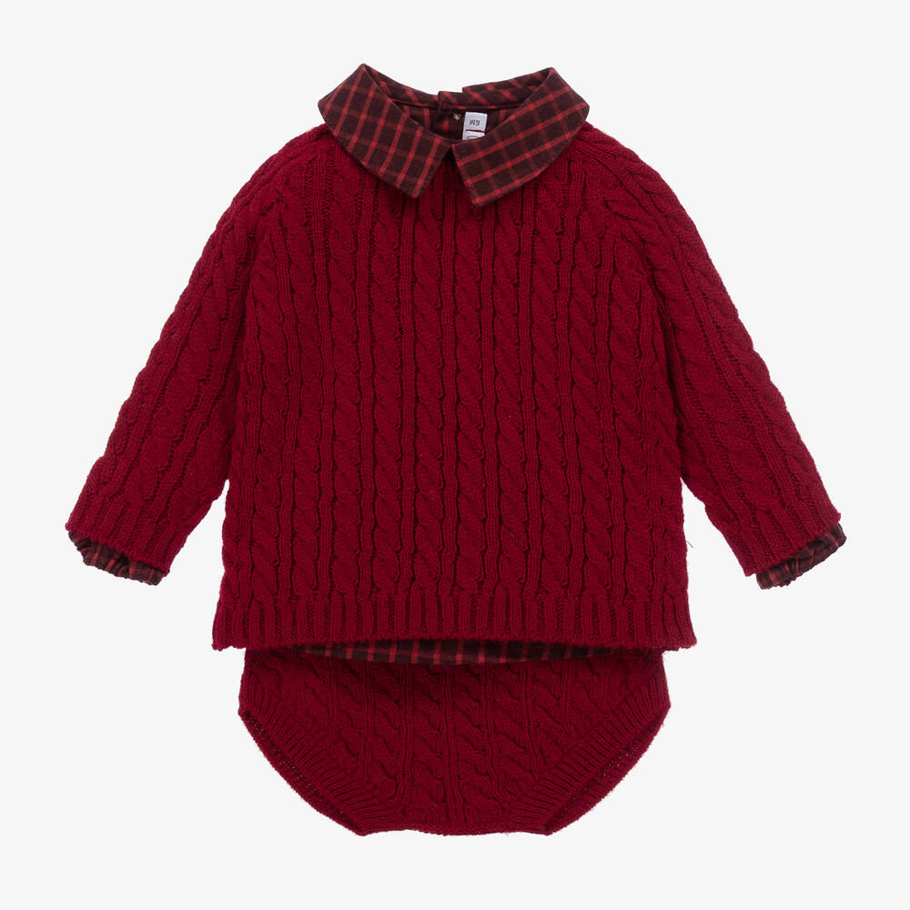 Paloma de la O - Baby Boys Maroon Red Knitted Shorts Set | Childrensalon