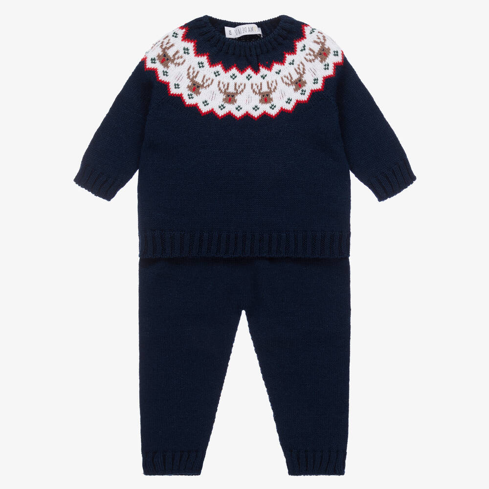 Paloma de la O - Baby Boys Navy Blue Knitted Trouser Set | Childrensalon