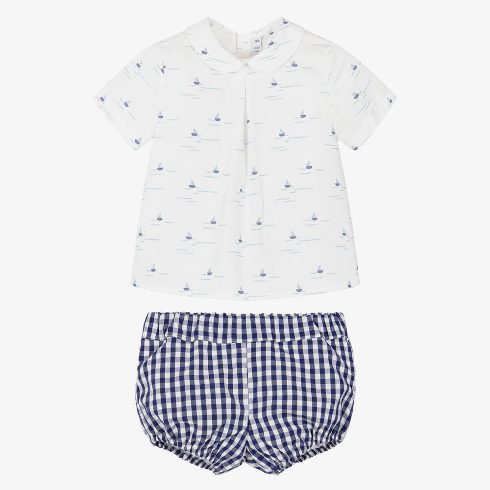 Paloma de la O-Baby Boys Navy Blue & White Gingham Shorts Set | Childrensalon Outlet
