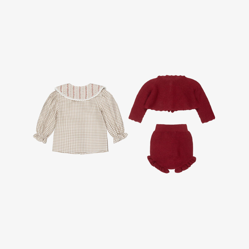 Paloma de la O-Baby Girls Beige Check & Red Knit Shorts Set | Childrensalon Outlet