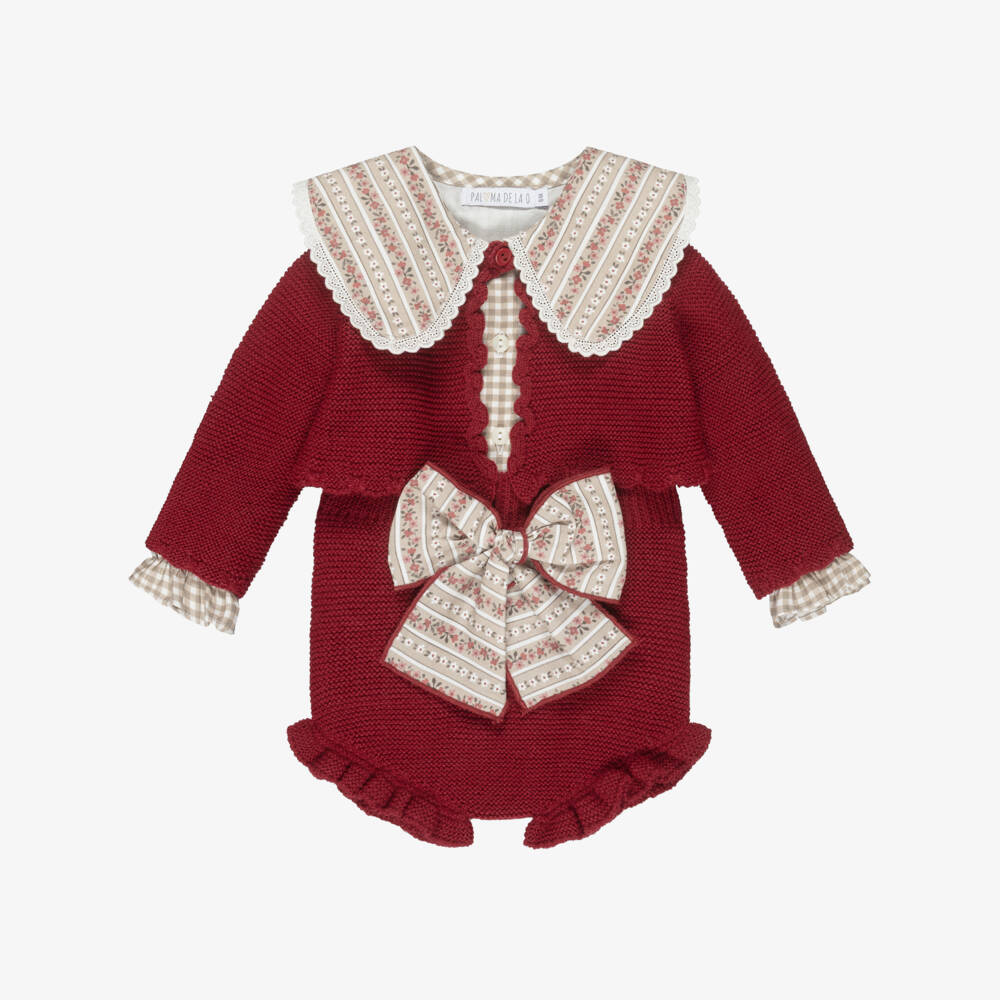 Paloma de la O-Baby Girls Beige Check & Red Knit Shorts Set | Childrensalon Outlet