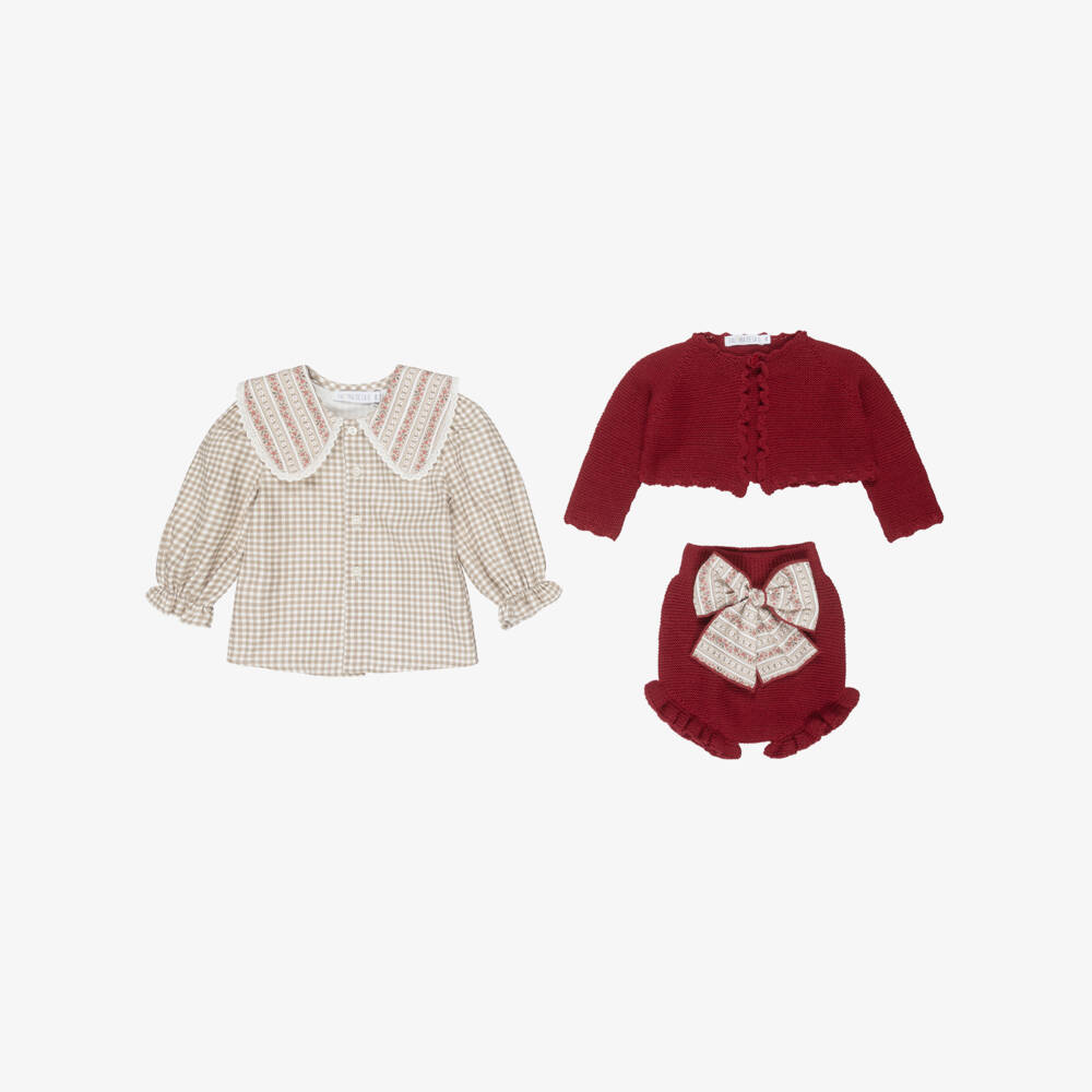 Paloma de la O-Baby Girls Beige Check & Red Knit Shorts Set | Childrensalon Outlet
