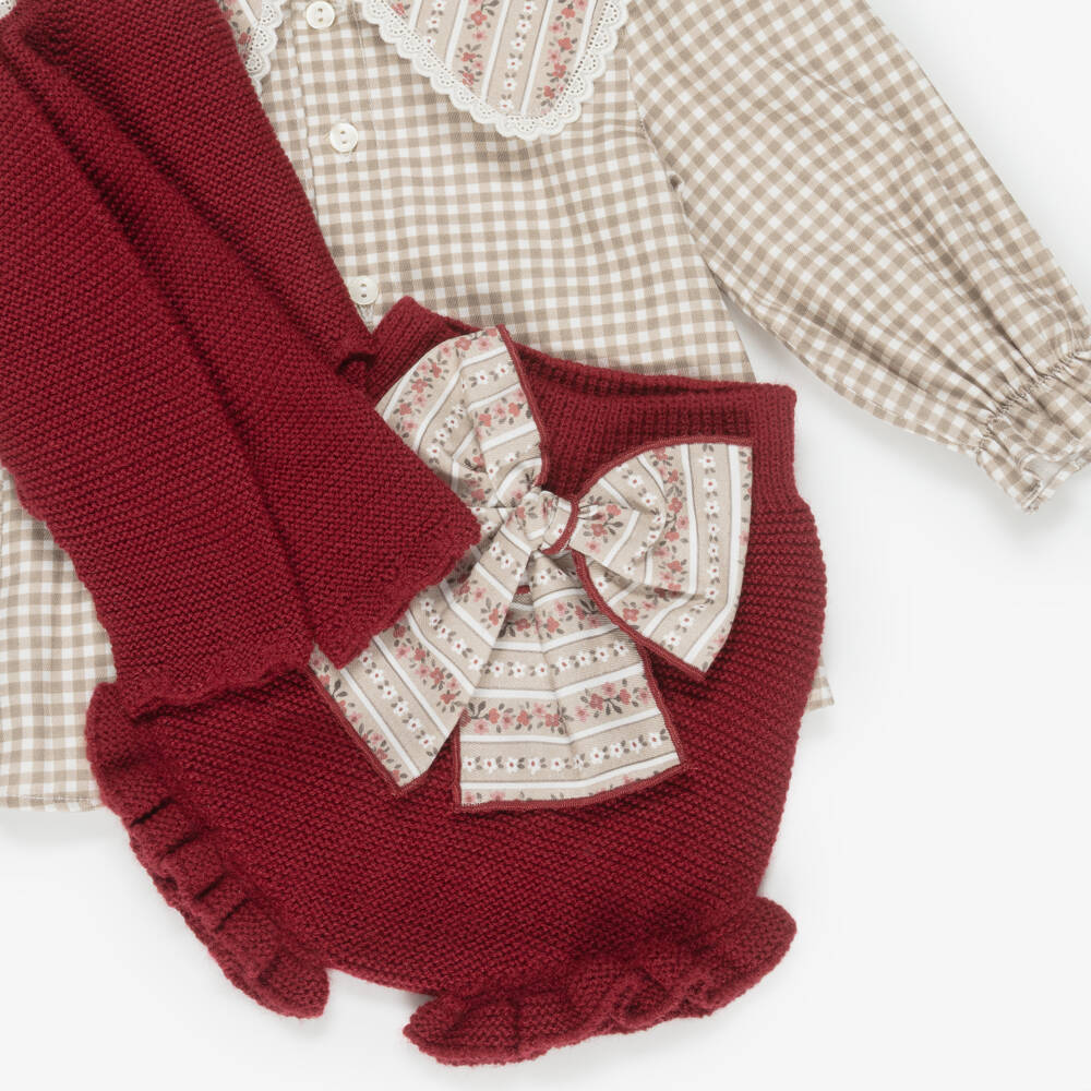 Paloma de la O-Baby Girls Beige Check & Red Knit Shorts Set | Childrensalon Outlet