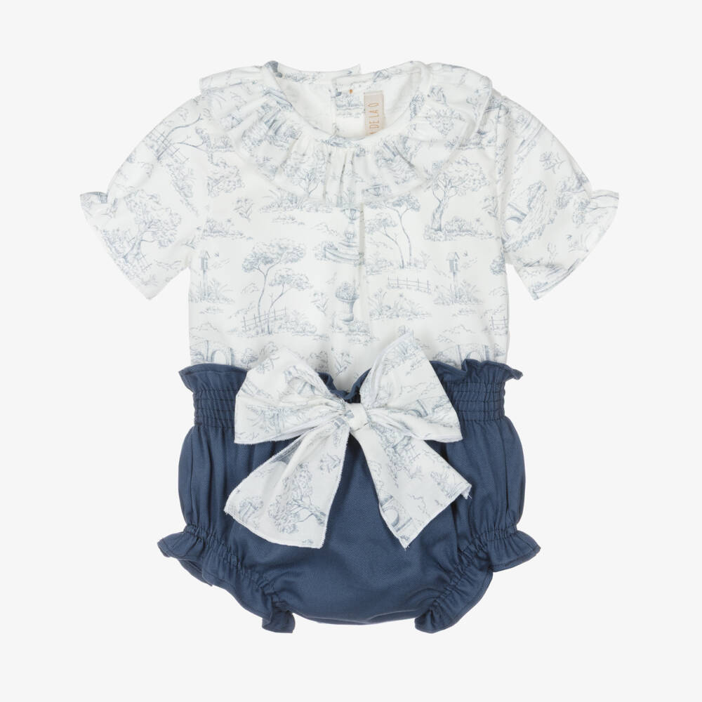 Paloma de la O-Baby Girls Blue & White Cotton Toile De Jouy Shorts Set | Childrensalon Outlet