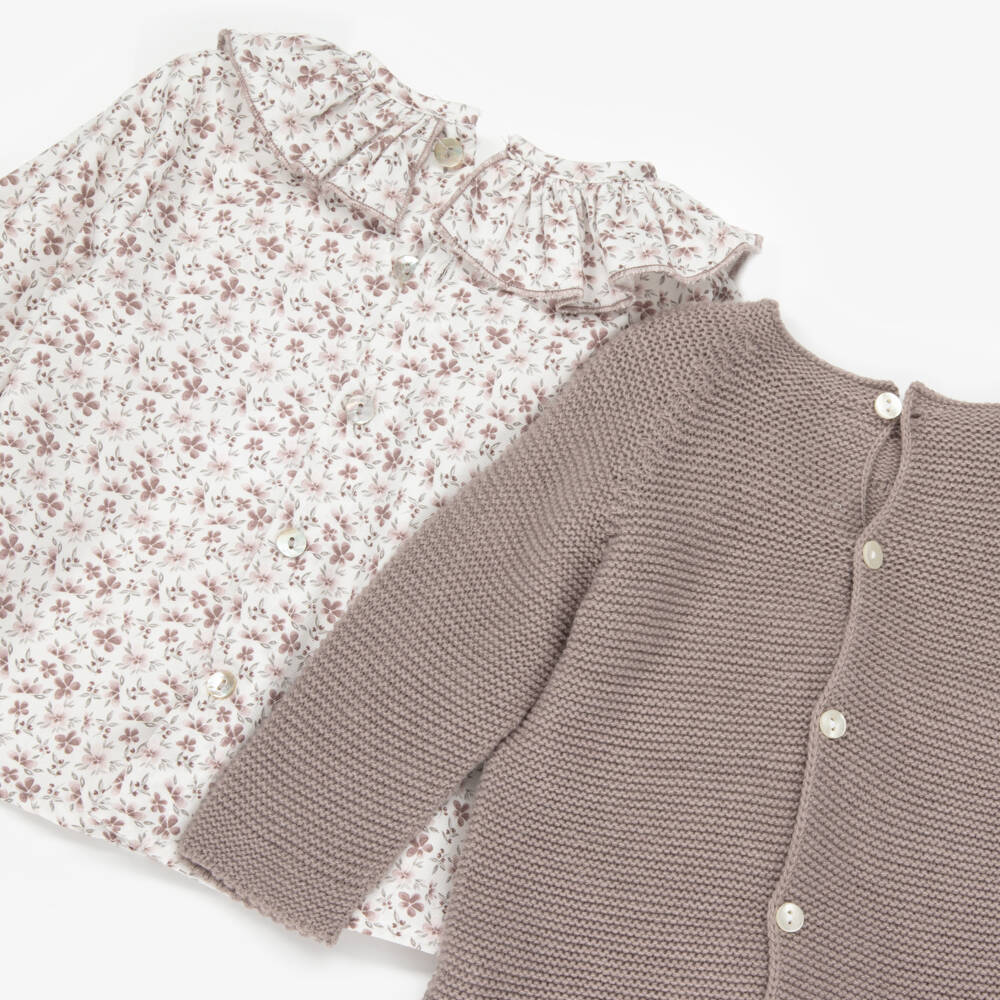 Paloma de la O-Baby Girls Brown Sweater & Floral Shorts Set | Childrensalon Outlet