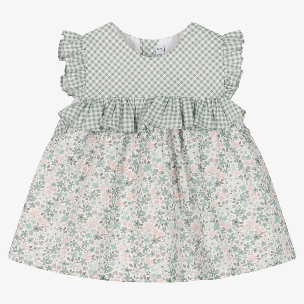 Paloma de la O - Baby Girls Green Floral Cotton Dress | Childrensalon