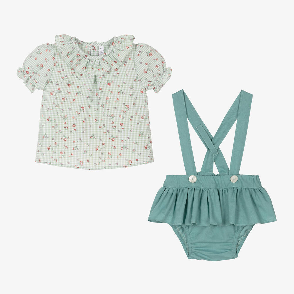 بالوما دي لا أو-طقم شورت كتان وقطن لون أخضر للمولودات | Childrensalon Outlet