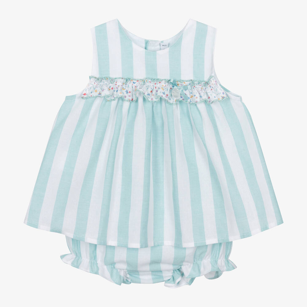 Paloma de la O-Baby Girls Green Striped Cotton Dress | Childrensalon Outlet