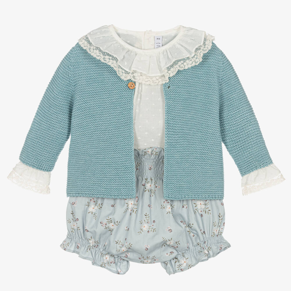 Paloma de la O - Baby Girls Ivory & Blue Floral Shorts Set | Childrensalon