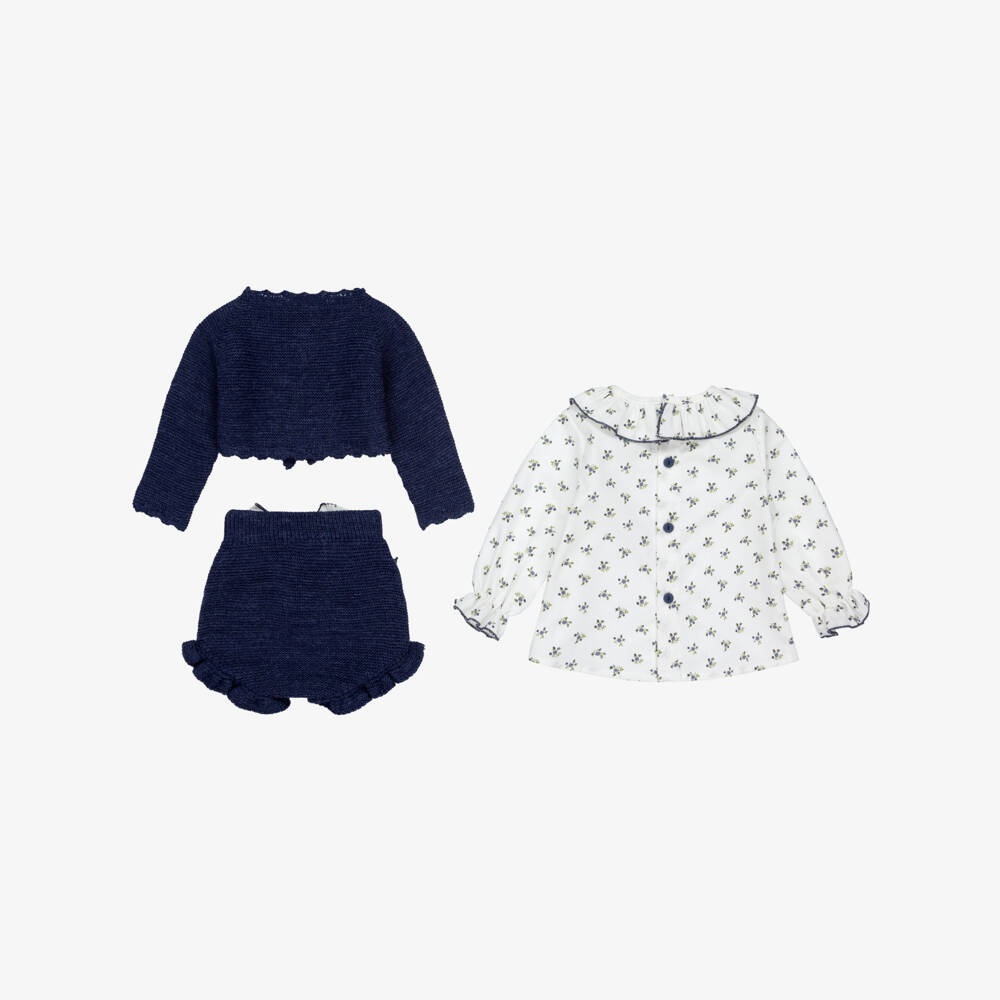 Paloma de la O-Baby Girls Ivory & Navy Blue Knitted Shorts Set | Childrensalon Outlet