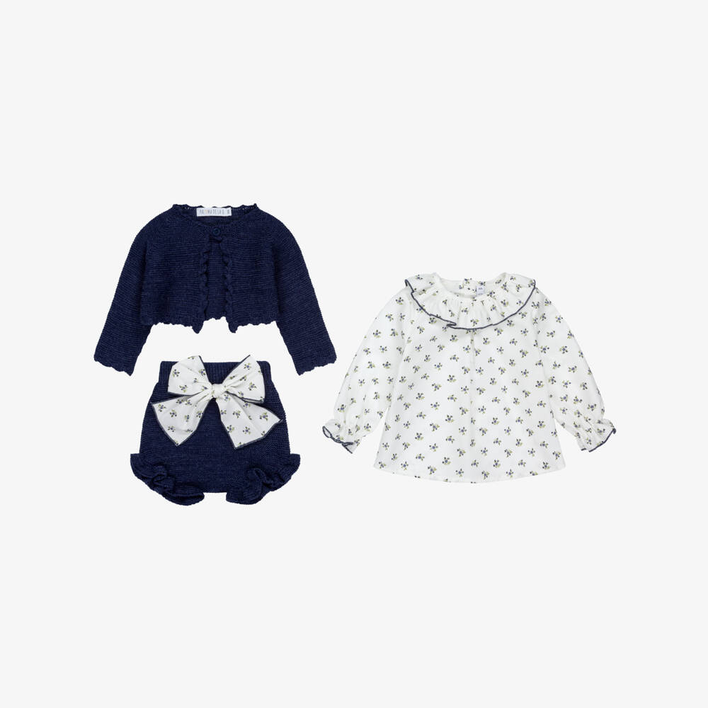 Paloma de la O-Baby Girls Ivory & Navy Blue Knitted Shorts Set | Childrensalon Outlet