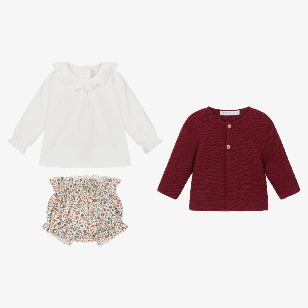 Paloma de la O-طقم شورت أكريليك محبوك وقطن لون عاجي وأحمر | Childrensalon Outlet