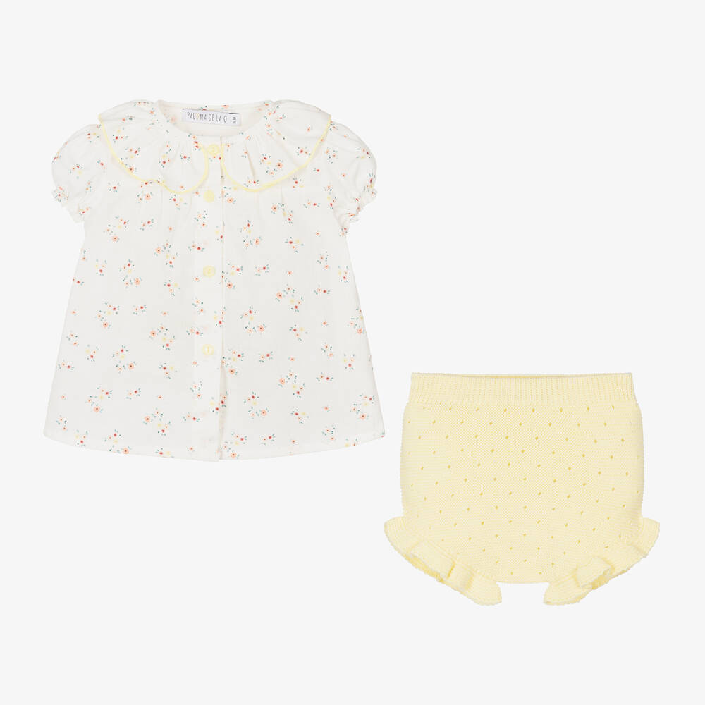 Paloma de la O-طقم شورت قطن لون عاجي وأصفر للمولودات | Childrensalon Outlet